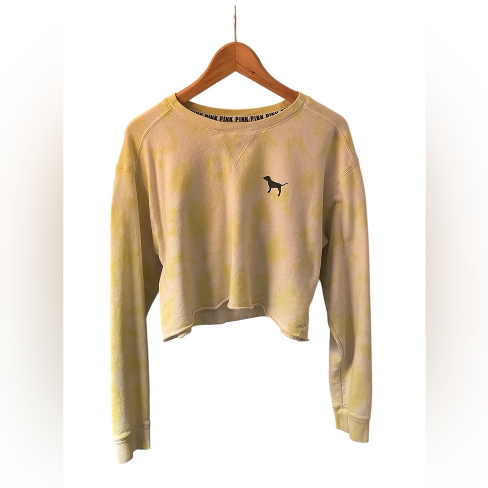 Victoria's Secret PINK neon yellow and white cropped sweatshirt.